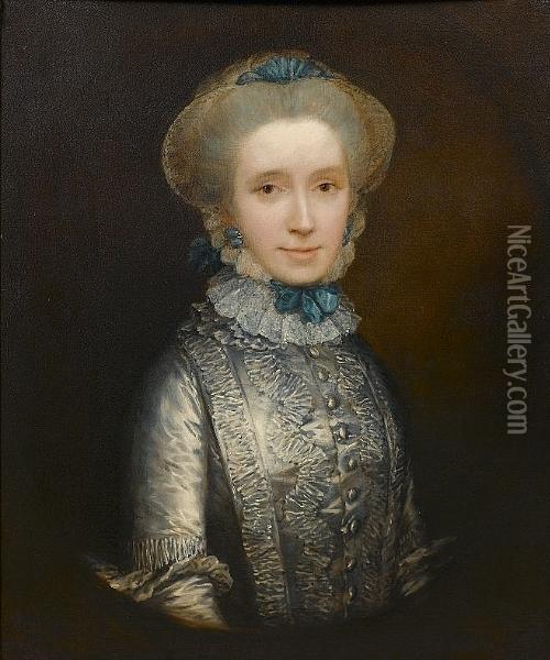 Portrait Of Lady Caroline Draper
 (circa 1730-1769), Half-length, In A Blue Dress With A White Lace Cap 
Held With Blue Ribbons, In A Painted Oval Oil Painting - Thomas Gainsborough