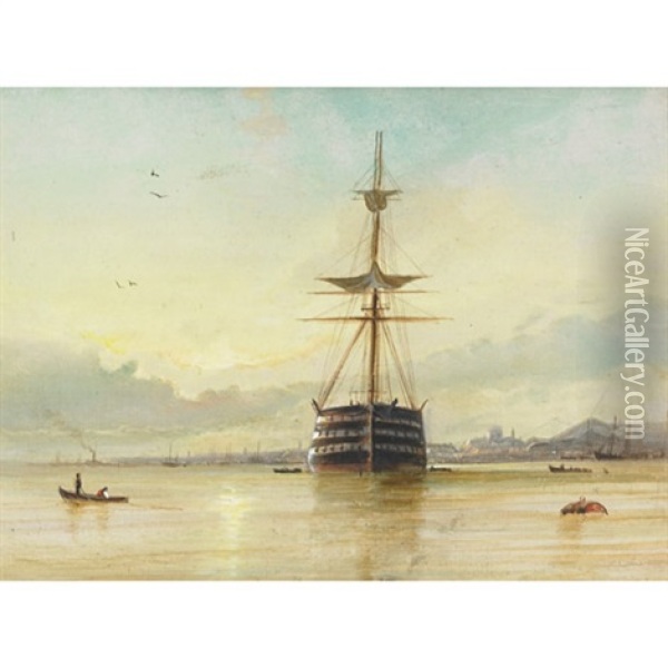 Sunset, Shipping In Woolwich Reach Oil Painting - William (of Ramsgate) Broome