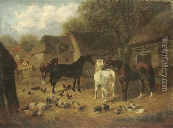 Horses, Pigs And Ducks Outside A Stable Oil Painting - John Frederick Herring Snr