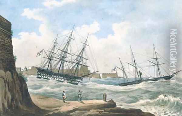 A British paddle sloop ahead of a ship-of-the-line coming out of the harbour at Valetta in heavy seas Oil Painting - Joseph Schranz