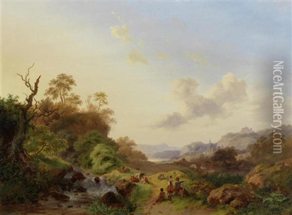 Summer Landscape With Figures And Cattle Near A Waterfall Oil Painting - Frederik Marinus Kruseman