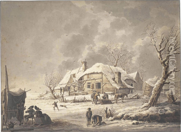 Skaters On A Lake Beside A Cottage Oil Painting - Johannes Adriaansz. Bemme