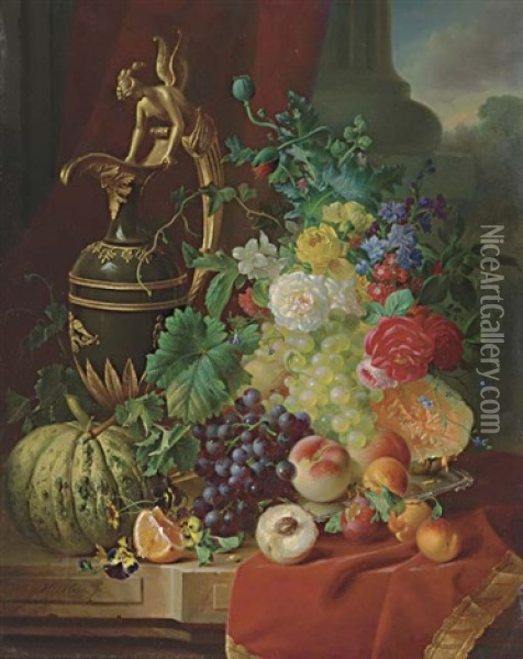 A Still Life With Peaches, Oranges, Melon, Roses And An Ewer On A Stone Ledge Oil Painting - Hendrik Jan Hein