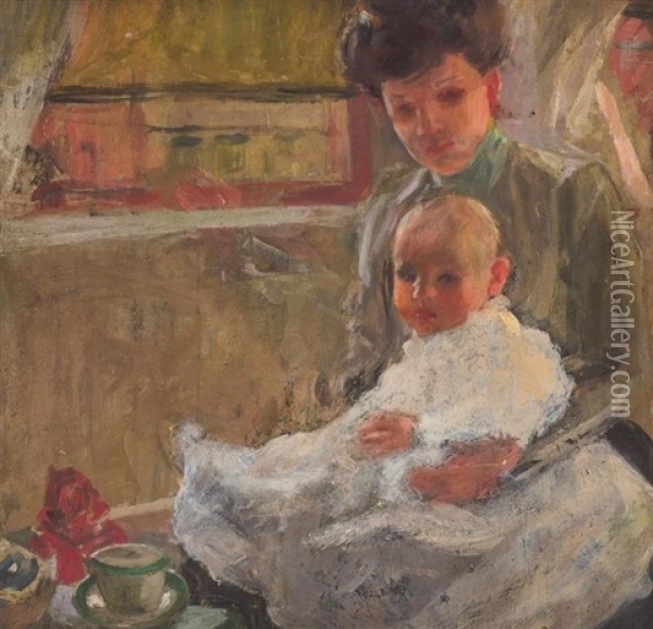 Mother And Child At Morning Tea Oil Painting - Frederick Trapp Friis