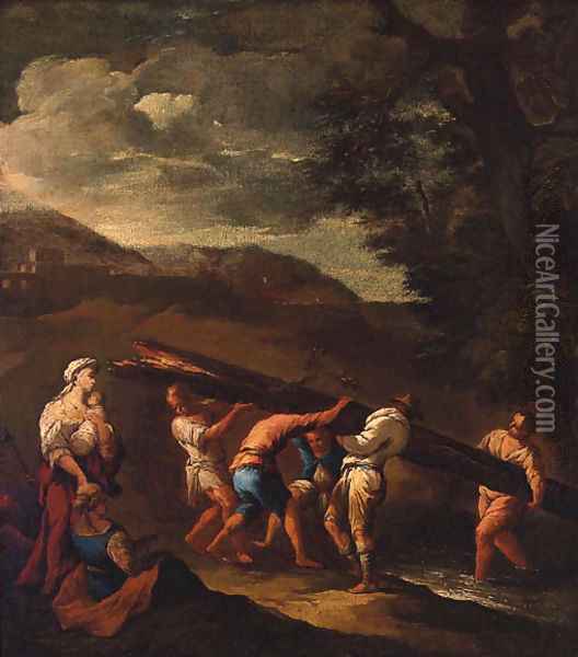 Peasants carrying a fallen tree across a stream in a landscape Oil Painting - Giuseppe Maria Crespi