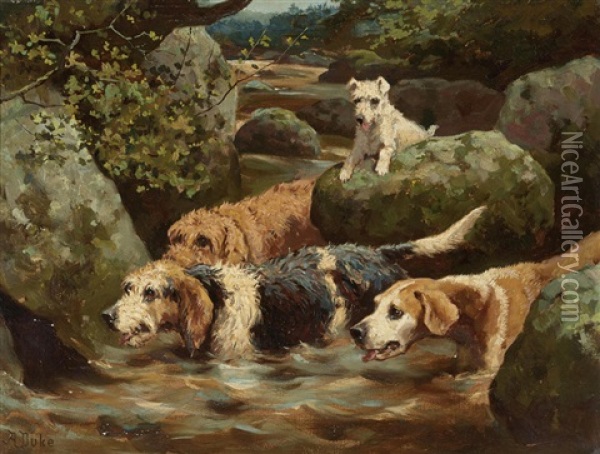 Otter Hounds; Otter Hounds On The Scent (a Pair) Oil Painting - Alfred Duke