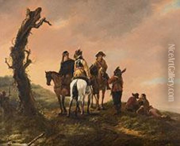 Landschaft Mit Baumstrunk, Drei Berittenen Jagernund Vier Treiber Bei Einer Rast Oil Painting - Jacob Van Stry