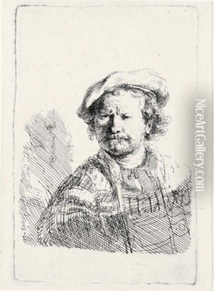 Self-portrait In A Flat Cap And Embroidered Dress (b., Holl.26; H.157; Bb.38) Oil Painting - Rembrandt Van Rijn