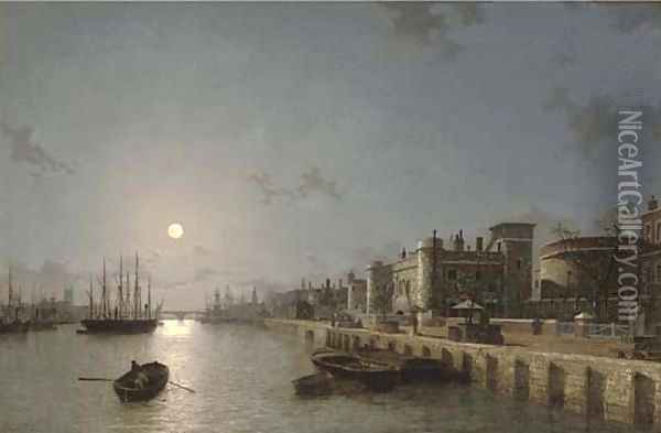 View of the Thames by moonlight, towards London Bridge, with the Tower of London and Traitors' Gate in the foreground Oil Painting - Henry Pether