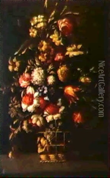 Ein Blumenstrauss In Einem Geflochtenen Korb Oil Painting - Bartolome Perez