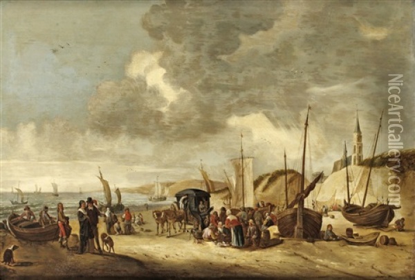 Kustlandskap Med Rastande Sallskap Pa Strand Med Staden Scheveningen I Bakgrunden Oil Painting - Hendrick De Meijer