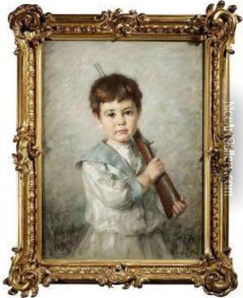 Portrait Ofa Young Boy With A Rifle. Oil Painting - Paula Freiin Von Wachter