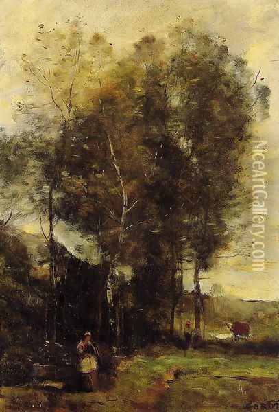 Cowherd in a Dell, Souvenir of Brittany Oil Painting - Jean-Baptiste-Camille Corot