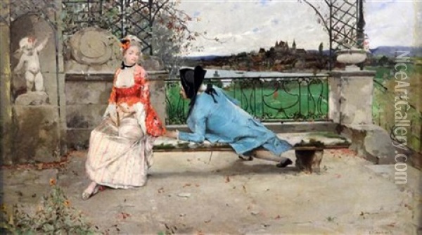 Lovers On A Terrace A Town Beyond Oil Painting - Emile Auguste Pinchart