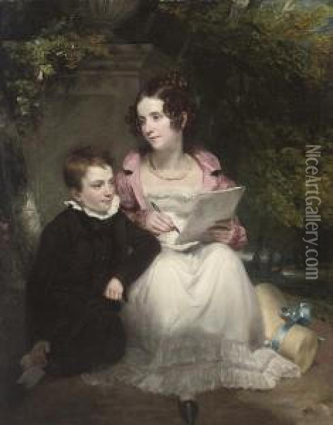 Portrait Of A Brother And Sister, Full-length, She In A White Dress, Pink Coat And Pearl Necklace, Writing A Letter, He In A Black Suit, Seated By A Plinth, In A Garden Oil Painting - Henry William Pickersgill