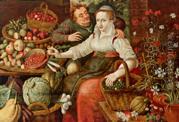 Eine Marktszene Mit Einer Obst- Und Gemusehandlerin Und Einem Sie Umarmenden Mann Oil Painting - Joachim Beuckelaer