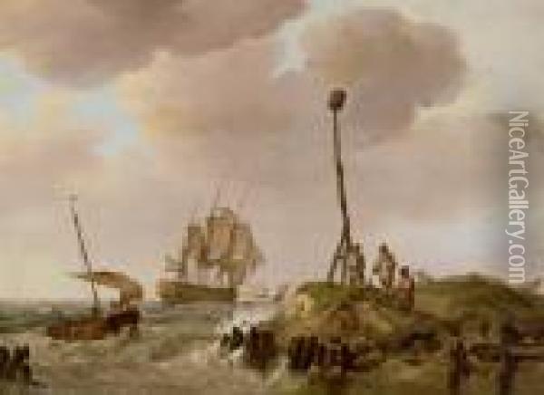 Nave A Tre Alberi Con Paesaggio Costiero Sullo Sfondo Oil Painting - Johannes Hermanus Koekkoek