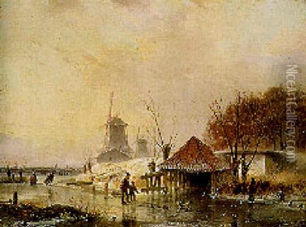 A Man And A Dog Standing By A Shed On A Frozen River, Windmills Beyond Oil Painting - Andreas Schelfhout