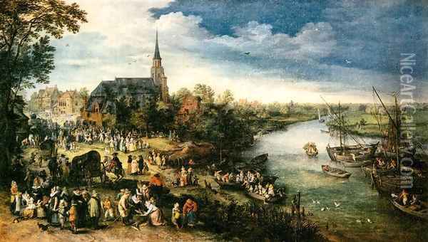 Fair at a Riverside Village Oil Painting - Jan The Elder Brueghel