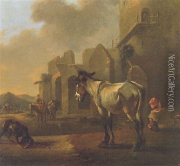 Donkey In A Landscape With Figures And Other Animals Oil Painting - Karel Dujardin