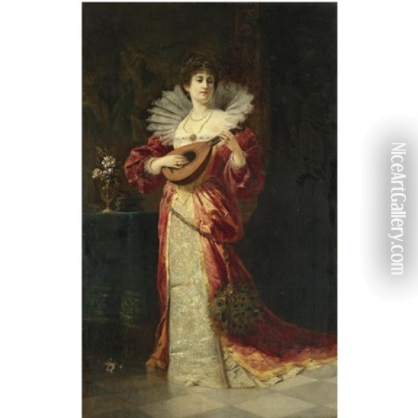 Dame Mit Laute - Lady With Lute Oil Painting - Ferdinand Wagner the Younger