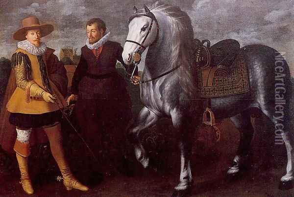 Gentleman with Groom and Horse Oil Painting - Adriaen van Nieulandt
