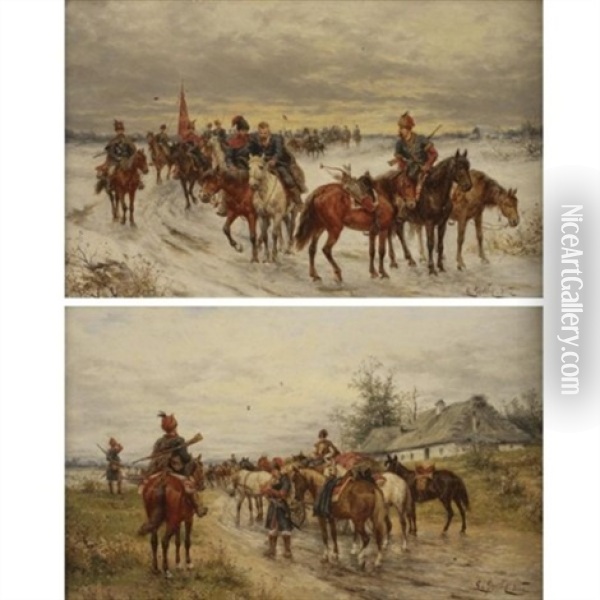 Mounted Cossacks (pair) Oil Painting - Ludwig Gedlek