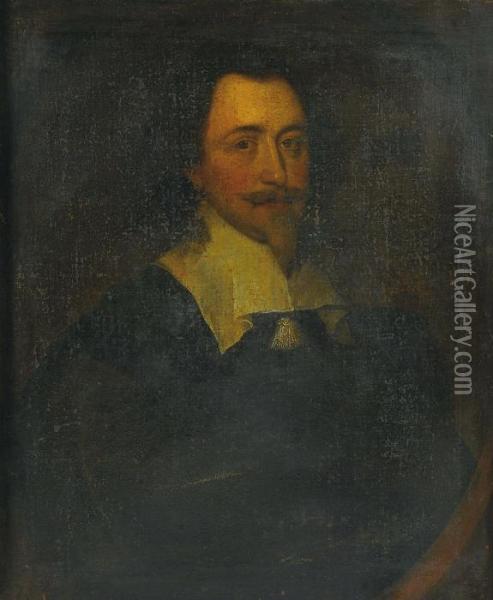Portrait Of Sir Robert Lovett Of
 Liscombe, Bust-length, In A Black Coat, His Lawn Collar Fastened With A
 Tassle, In A Feigned Oval Oil Painting - Sir Anthony Van Dyck
