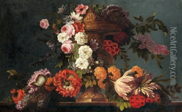 Nature Morte De Fleurs Sur Un Entablement Oil Painting - Pierre Nicolas Huilliot