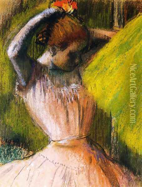 Ballet Corps Member Fixing Her Hair Oil Painting - Edgar Degas
