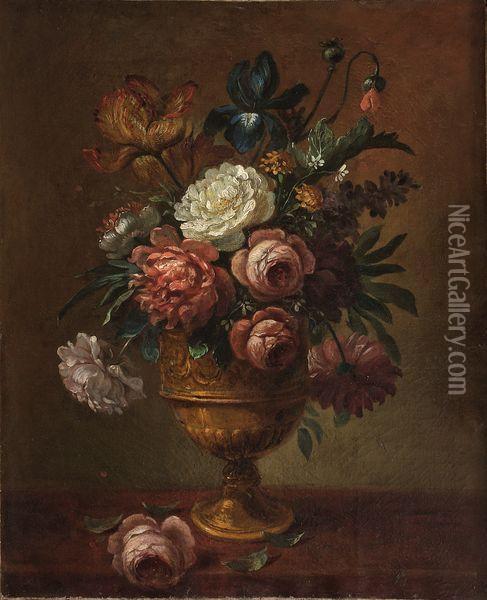 Nature Morte Au Bouquet De Fleurs Sur Un Entablement. Oil Painting - Jean-Baptiste Monnoyer