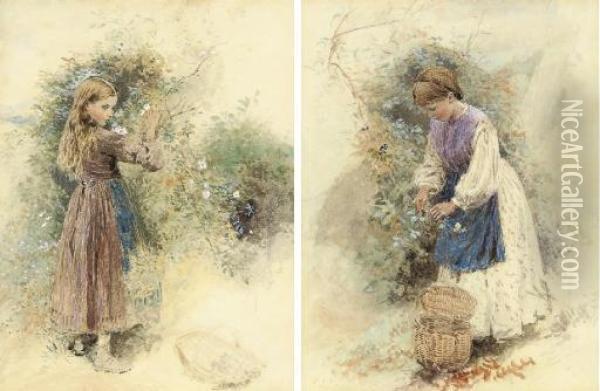 Two Studies Of Children: Bramble Time; And Blackberrying Oil Painting - Myles Birket Foster