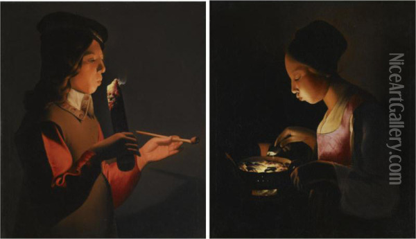 A Young Boy With A Pipe, Blowing On A Firebrand Oil Painting - Georges de La Tour