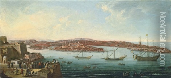 A View Of Marsamxett Harbour, Valletta Oil Painting - Alberto Pullicino