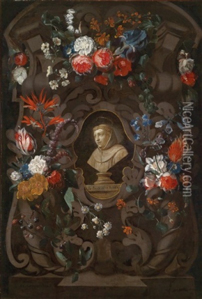 Eine Blumengirlande Um Eine Buste Des Franziskanerbruders Franciscus Rodius (frans Van Roye) Oil Painting - Wouter Gysaerts