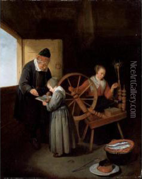 Interior With A School Master 
Teaching A Young Girl To Read Another Girl At A 
Spinning Wheel Oil Painting - Quiringh Gerritsz. van Brekelenkam