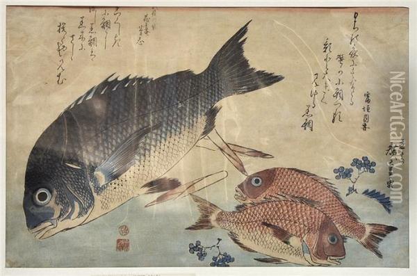 Schwarze Undrote Meerbrassen Mit Gedichten Von Tomigaki Shuan Und Kaodoyoshimune Oil Painting - Utagawa or Ando Hiroshige