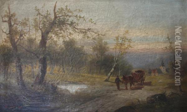 A Logging Cart On A Lane Oil Painting - Ludwig Fuger