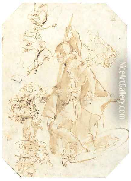 A standing soldier, with studies of heads and figures seen di sotto in su Oil Painting - Giovanni Battista Tiepolo