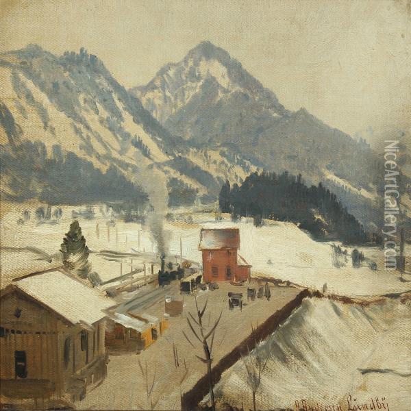 Wintry Mountainscape With Train Oil Painting - Anders Anderson-Lundby