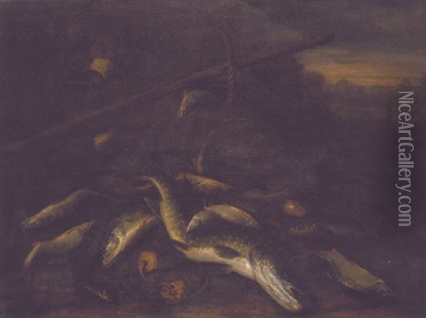 A Pike, Carp, Roach And Other Fish In A Landscape With Baskets, Fishing Nets And A Gaff Oil Painting - Jakob Gillig