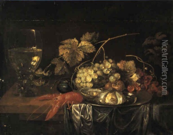 Still Life Of Fruit And Lobster On Table With Roemer Oil Painting - Jan Davidsz De Heem