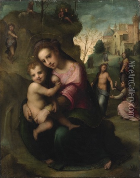 The Madonna And Child, With Saint John The Baptist And Saint Apollonia In A Landscape Oil Painting - Domenico Puligo
