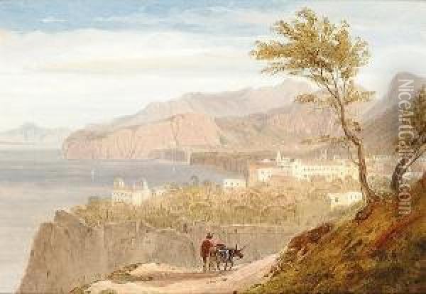 A Figure And A Donkey On A Clifftop Path, Thought To Be The Amalfi Coast Oil Painting - William Linton