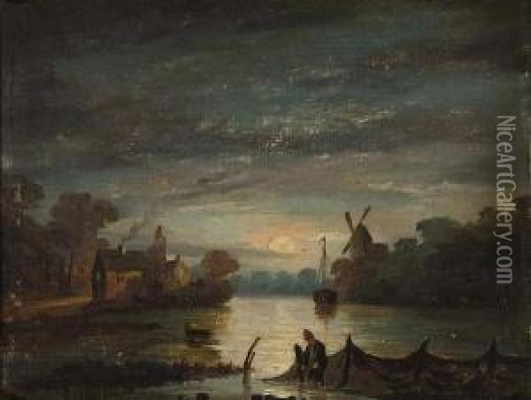 Fisherman Setting Nets By Moonlight Oil Painting - John Berney Crome