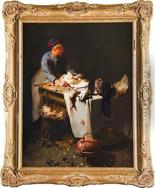 Young Girl Preparing Poultry Oil Painting - Emil Carlsen