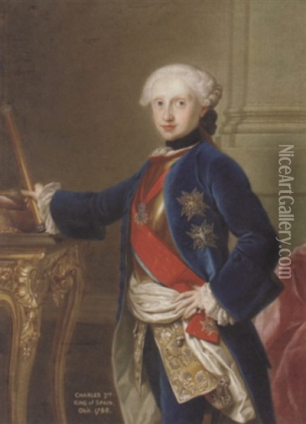 Portrait Of King Charles Iii Of Spain In A Blue Velvet Coat, With The Order Of The Golden Fleece, Standing By A Table And Holding A Baton In His Right Hand Oil Painting - Anton Raphael Mengs