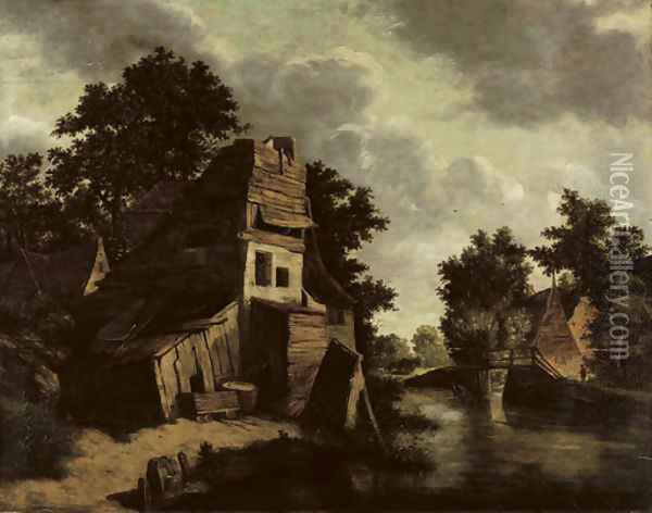 A house in a wooded river landscape with a washerwoman in the foreground Oil Painting - Cornelius Decker