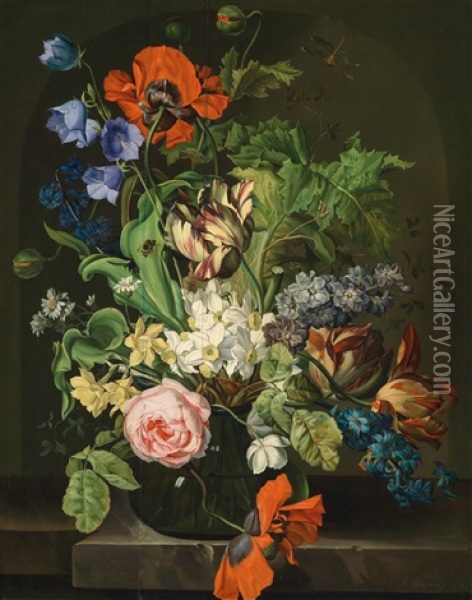 Blumenstillleben In Einer Glasvase Oil Painting - Sebastian Wegmayr