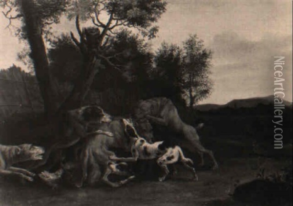 Eine Meute Jagdhunde Sich In Einen Wolf Verbeissend Oil Painting - Carl Borromaus Andreas Ruthart